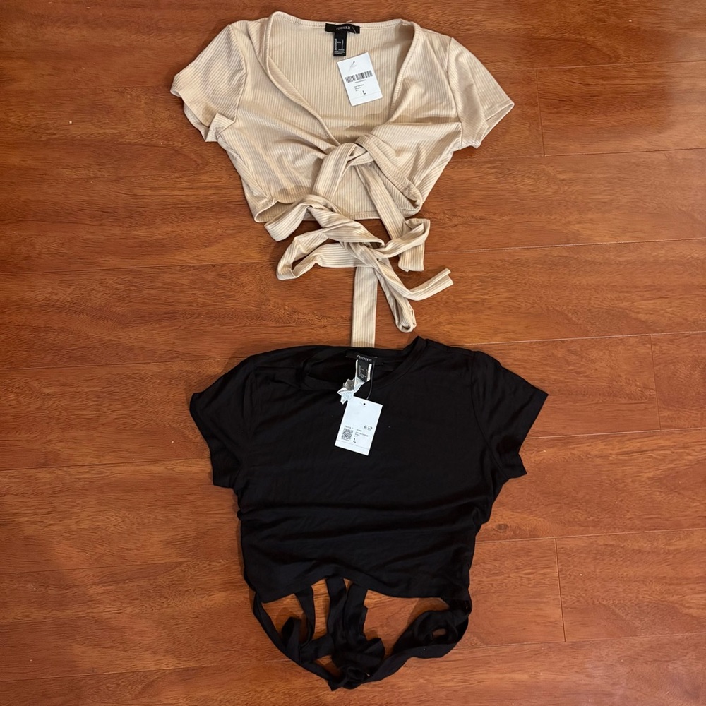 Forever 21 Cream and Black Tied Crop Tees